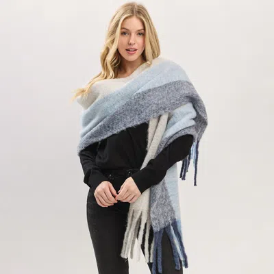 Fashnzfab Oversized Solid Colorblock Soft Brushed Knit Fringe Scarf In Blue