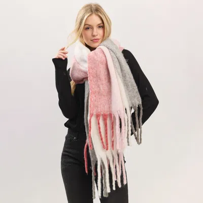 Fashnzfab Oversized Solid Colorblock Soft Brushed Knit Fringe Scarf In Pink