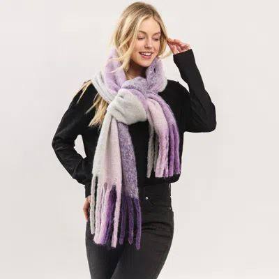 Fashnzfab Oversized Solid Colorblock Soft Brushed Knit Fringe Scarf In Purple