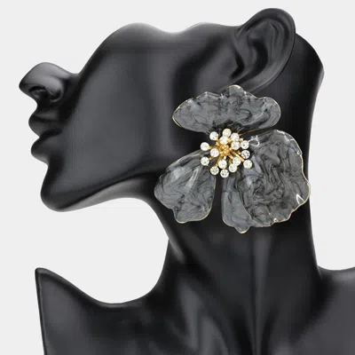 Fashnzfab Oversized Stone Bud Enamel Petal Flower Earrings In Black