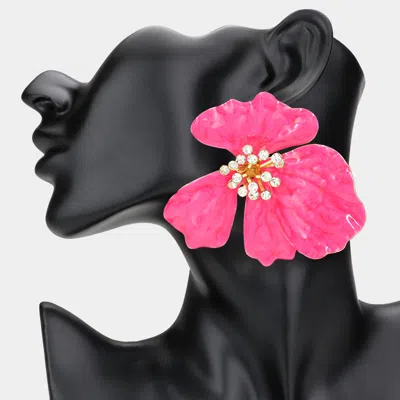 Fashnzfab Oversized Stone Bud Enamel Petal Flower Earrings In Pink