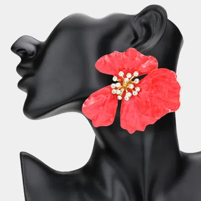 Fashnzfab Oversized Stone Bud Enamel Petal Flower Earrings In Red