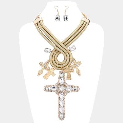 Fashnzfab Oversized Stone Embellished Cross Pendant Accented Abstract Metal Wire Statement Necklace In Multi