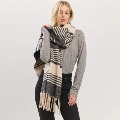 Fashnzfab Oversized Super Soft Striped Fringe Scarf In Black