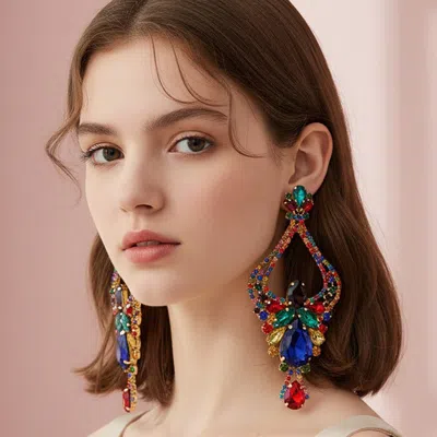 Fashnzfab Oversized Teardrop Marquise Stone Embellished Rhinestone Pave Evening Earrings In Multi