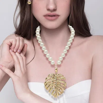 Fashnzfab Oversized Textured Metal Tropical Leaf Pendant Accent Pearl Statement Necklace In Gold