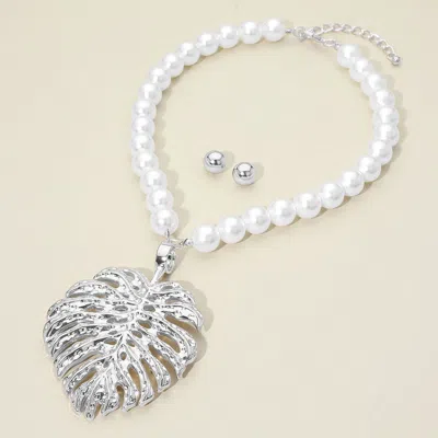 Fashnzfab Oversized Textured Metal Tropical Leaf Pendant Accent Pearl Statement Necklace In White