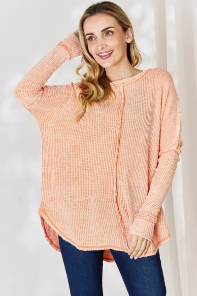 Fashnzfab Oversized Washed Waffle Long Sleeve Top In Orange