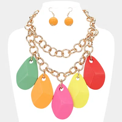 Fashnzfab Oversized Wooden Teardrop Charm Chunky Double Layered Statement Necklace In Gold