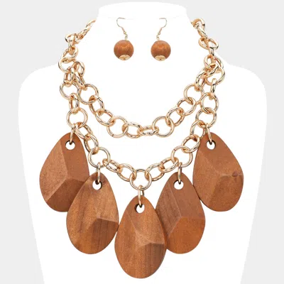 Fashnzfab Oversized Wooden Teardrop Charm Chunky Double Layered Statement Necklace In Multi