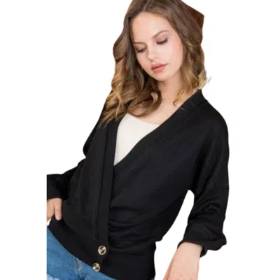 Fashnzfab Overwrap Front Button Detail Long Sleeve Knit Top In Black