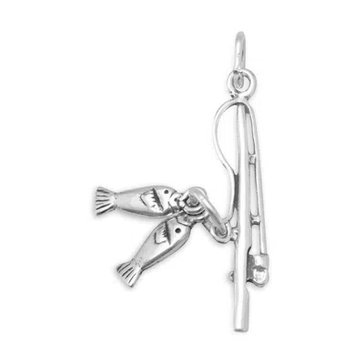 Fashnzfab Oxidized 3d Fishing Pole With Fish Charm In Gray
