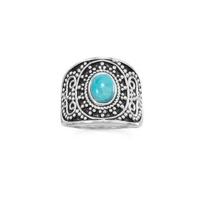 Fashnzfab Oxidized Beaded Design Reconstituted Turquoise Ring In Pattern