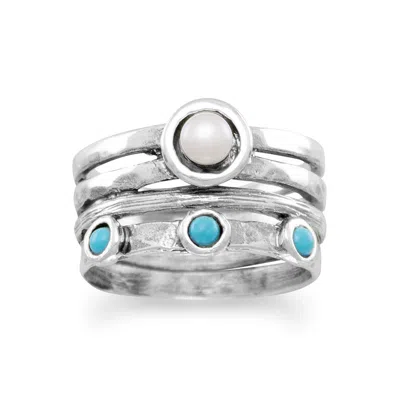 Fashnzfab Oxidized Cultured Freshwater Pearl And Reconstituted Turquoise Ring In Blue