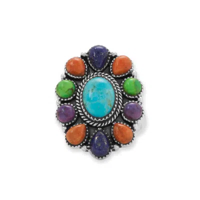 Fashnzfab Oxidized Oval Multi Stone Flower Ring In Blue