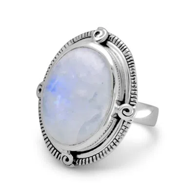 Fashnzfab Oxidized Oval Rainbow Moonstone Ring In Metallic