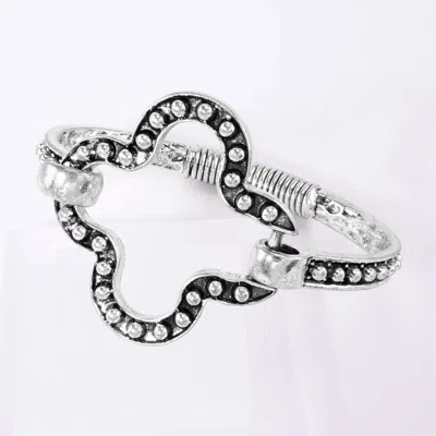 Fashnzfab Oxidized Rustic Open Quatrefoil Hinged Bangle Bracelet In Silver