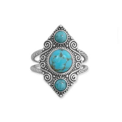 Fashnzfab Oxidized Triple Turquoise And Scroll Design Ring In Blue