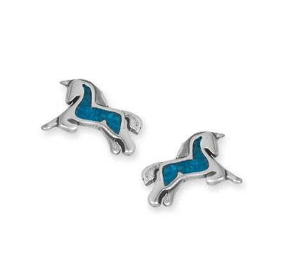Fashnzfab Oxidized Turquoise Chip Inlay Prancing Unicorn Stud Earrings In Gray