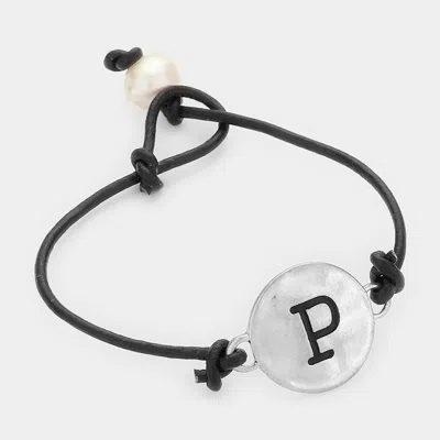 Fashnzfab -p- Initial Monogram Metal Disc Pearl Pointed Bracelet In Black