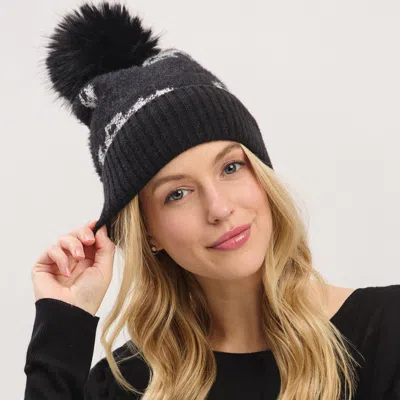 Fashnzfab Paid Pattern Faux Fur Mixed Fleeced Pom Pom Winter Beanie Hat In Black