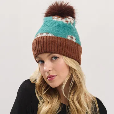 Fashnzfab Paid Pattern Faux Fur Mixed Fleeced Pom Pom Winter Beanie Hat In Blue
