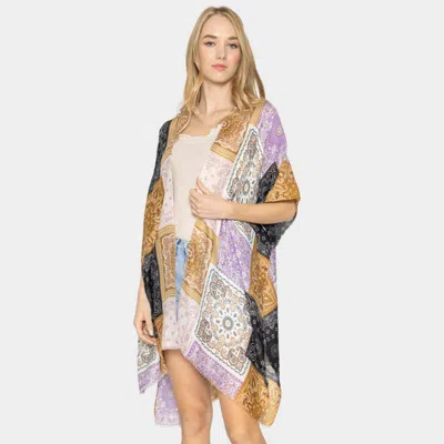 Fashnzfab Paisley Bandana Patterned Cover Up Kimono Poncho In Black