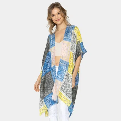 Fashnzfab Paisley Bandana Patterned Cover Up Kimono Poncho In Blue
