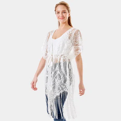 Fashnzfab Paisley Crochet Lace Fringe Cover Up Poncho In White