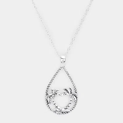 Fashnzfab Palm Tree Accented Open Teardrop Pendant Necklace In Silver