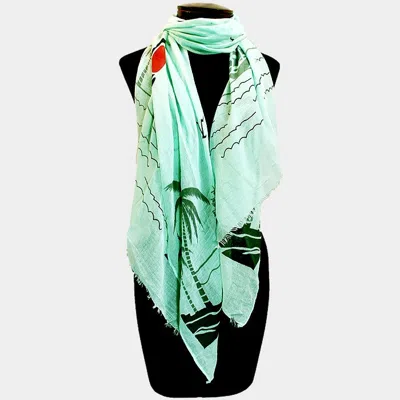 Fashnzfab Palm Tree & Ship Print Scarf In Green