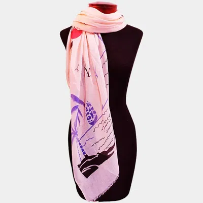 Fashnzfab Palm Tree & Ship Print Scarf In Pink