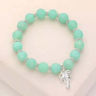 Fashnzfab Palm Tree Charm Beaded Stretch Bracelet Green, Silver In Multi