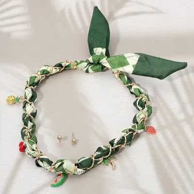 Fashnzfab Palm Tree Pineapple Strawberry Cherry Watermelon Slice Charm Fabric Scarf Necklace In Green