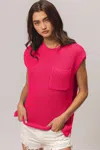 Fashnzfab Patch Pocket Cap Sleeve Sweater Top In Pink