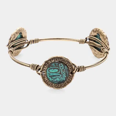 Fashnzfab Patina '10' Flexi-wire Metal Bangle Bracelet Gold Burnished, Patina Verdigris In Multi