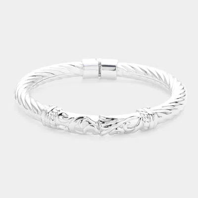 Fashnzfab Pattern Detailed Metal Hinged Bangle Bracelet Rhodium In Multi