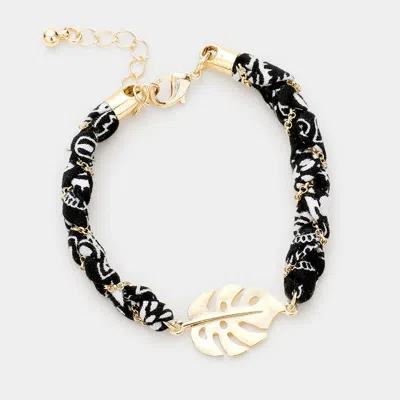 Fashnzfab Pattern Fabric Wrapped Leaf Bracelet Black, Gold, White