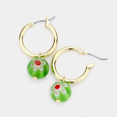 Fashnzfab Patterned Ball Dangle Metal Hoop Pin Catch Earrings In Green