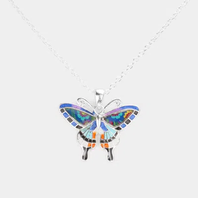 Fashnzfab Patterned Butterfly Pendant Necklace In Blue