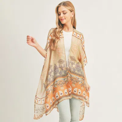 Fashnzfab Patterned Cover Up Kimono Poncho In Brown