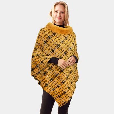 Fashnzfab Patterned Faux Fur Collar Poncho In Yellow