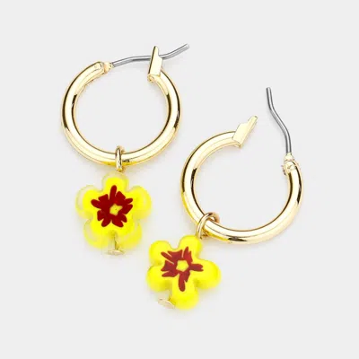Fashnzfab Patterned Flower Dangle Metal Hoop Pin Catch Earrings In Yellow