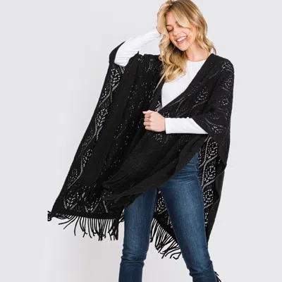 Fashnzfab Patterned Fringe Ruana Poncho In Black
