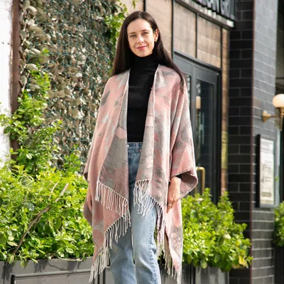 Fashnzfab Patterned Fringe Ruana Poncho In Pink