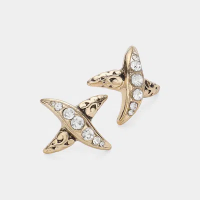 Fashnzfab Patterned Metal Rhinestone Stud Earrings - Antique Gold