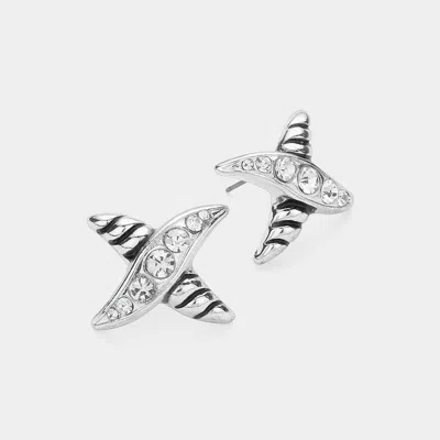 Fashnzfab Patterned Metal Rhinestone Stud Earrings - Antique Silver