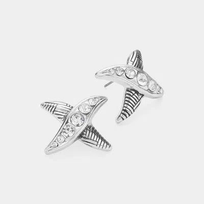 Fashnzfab Patterned Metal Rhinestone Stud Earrings - Antique Silver In Multi