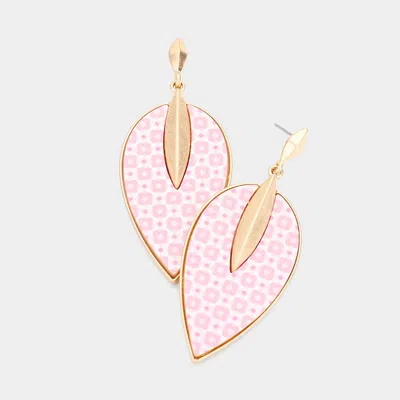 Fashnzfab Patterned Wood Petal Dangle Earrings In Pink