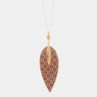 Fashnzfab Patterned Wood Petal Pendant Long Necklace In Gold